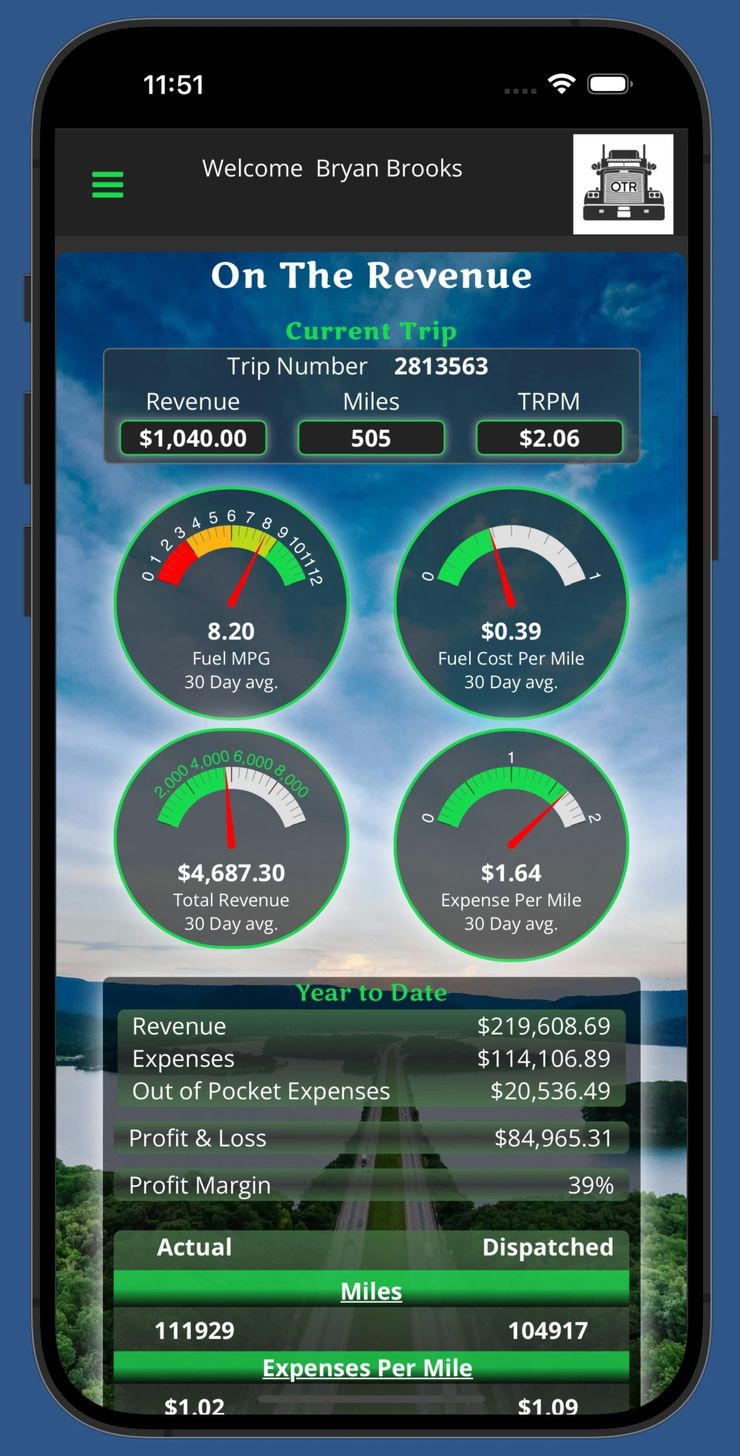 OTR mobile dashboard — trucking accounting app showing fuel MPG, cost per mile, revenue