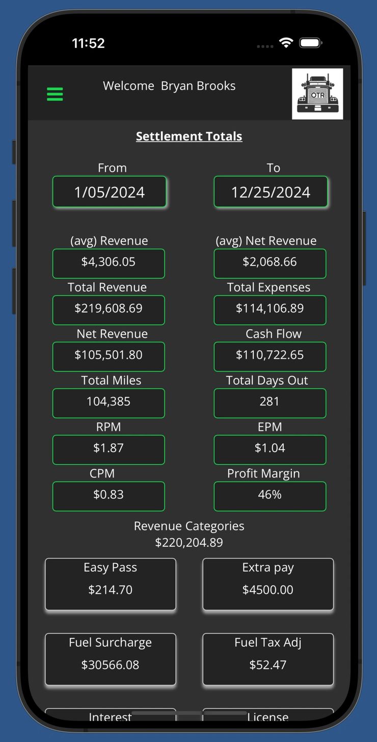 Trucking settlement report screen from OTR app showing revenue, expenses, miles, RPM, CPM, profit